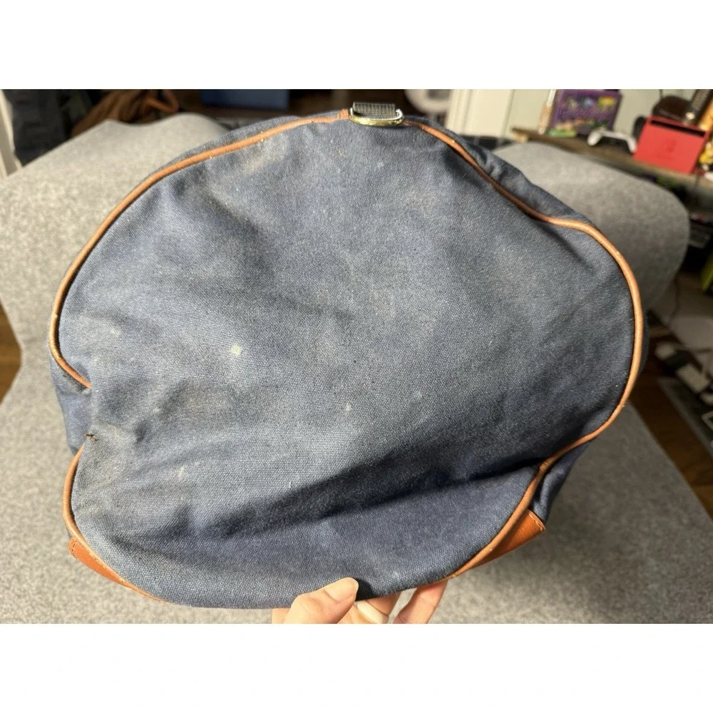LL Bean Vintage 80s Blue Green Leather Handle Duffel Bag Zip Top Freeport Maine